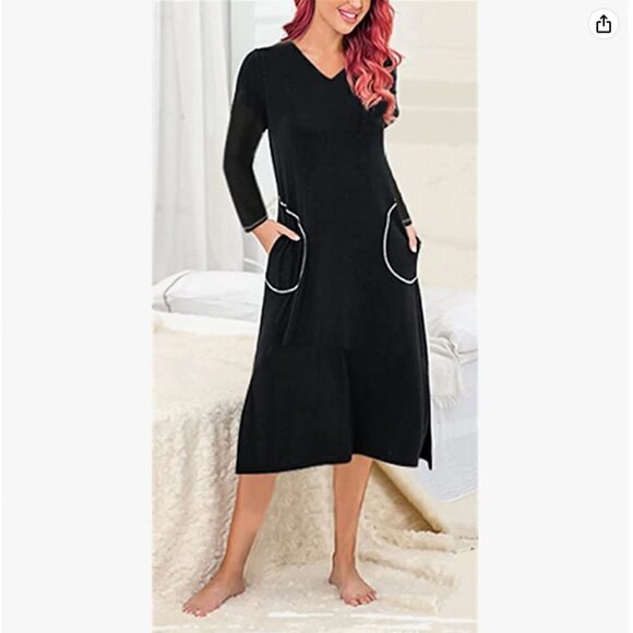 iloveSIA Long-Sleeve V-Neck Ultra-Soft Nightshirt Dress, S - Picture 7 of 7